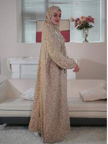 New Comfortable Breathable Fashion Printed Loose Prayer Robe With Attached Scarf Dress Vacation Spring - Apricot - View 5