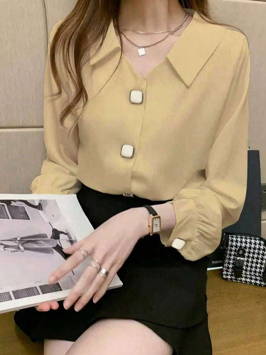 Women's Fashion Long Sleeve Design Satin Blouse, Chic & Mature Style Spring