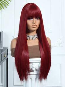 FIVE STARS 26 Inch Elegant Red Wig With Bangs For Women, Straight Heat Resistant Synthetic Hair,Fashionable Long Wig For Women,For Daily,Party,Cosplay,Weddings, Music Festivals - Red - View 3