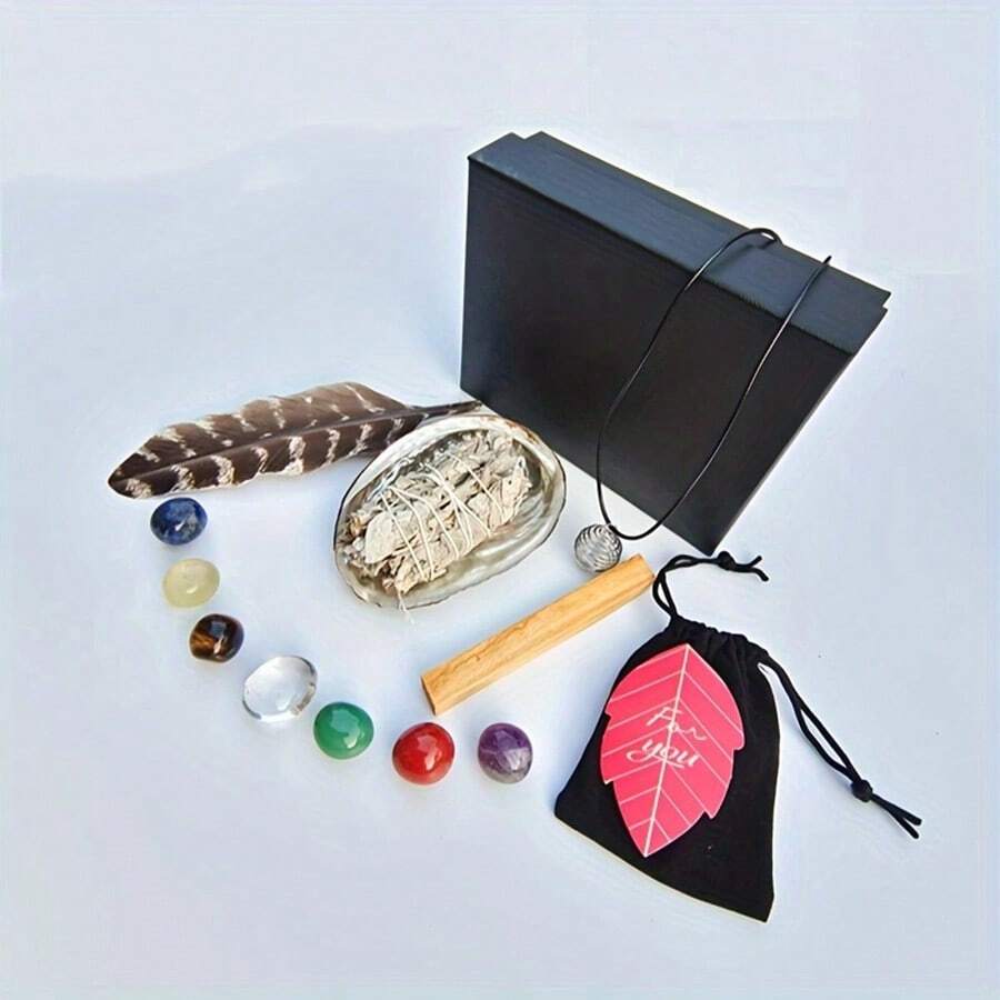 Crystals And Healing Stones Kit In Gift Box - 7 Chakra Stones Healing Crystals Set, Rose Quartz, Amethyst Cluster, Quartz Points, Chakra , Chakra Lava Bracelet Set - Multicolor - View 1