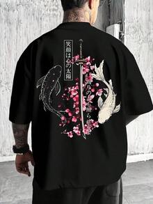 Unisex Japanese Style T-Shirt | Black And White Cherry Blossom And Koi Carp With Samurai Sword Design | Casual Loose Fit, Crew Neck, Comfortable Fabric, Ideal For Spring And Summer - 黑色 - 查看 3
