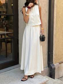 Unadoll Women's Summer Buttoned Blouse And High Slit Skirt Set, Gentle And Elegant Style, Suitable For Dates, Valentine's Day, Outings, Birthdays, Vacations And Birthday Outfits - White - View 1