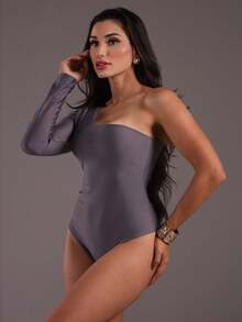 J.A.B.I Modas Women's Long Sleeve One Shoulder Bodysuit - 灰色 - 查看 3