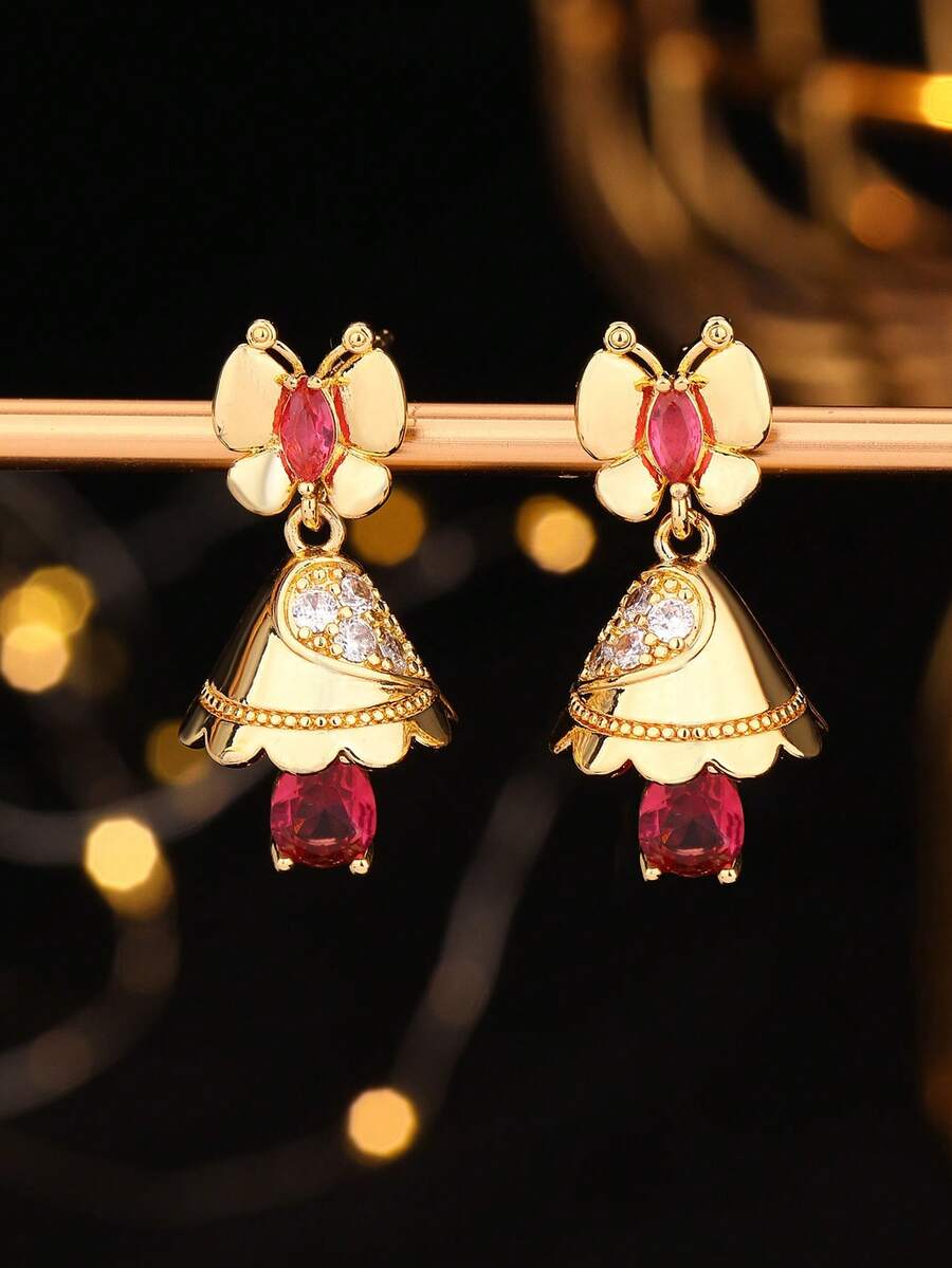 1 Pair Luxurious Jhumka Copper Zirconia Butterfly Earrings, Golden Fashion Creative Bell Teardrop Rhinestone Cute Jhumki Earrings, Suitable For Girls, Women's Daily, Festival, Wedding And Party Wear/Jewelry Gift - Classic - View 1