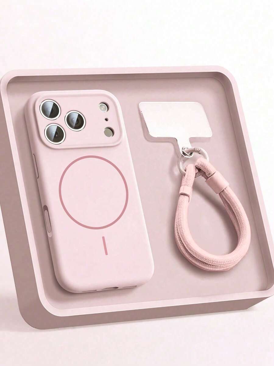 1 pieza Funda de teléfono magnética minimalista de silicona líquida mate + Correa de cordón corta compatible con iPhone 17 Air 16 15 14 13 12 Pro Max Plus, carga inalámbrica, funda trasera de silicona suave