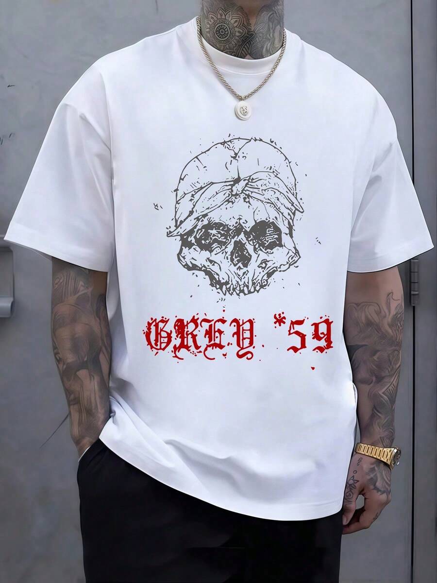 Calavera artística con gorra simboliza la fuerza interior y la resistencia ante los desafíos con detalles vintage y letras rojas que evocan energía urbana moderna camiseta de hombre de algodón cómoda para uso diario - Blanco - Ver 1