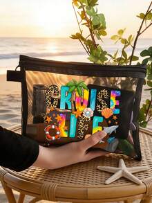 Bolsa de malla con diseños de estilo de vida de crucero, con patrones de letras, que presenta diseños de árbol de coco, concha marina, ballena y estrella de mar. Bolsa de almacenamiento portátil con cojín rojo, bolsa de cosméticos, bolsa de cuidado de la piel, artículo de viaje, suministros para dormitorio, regalo de boda, regalo del Día de la Madre, regalo de cumpleaños. - Multicolor - Ver 13