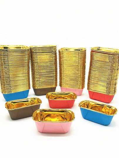 50pcs Elegant Pink Rectangular Gold Inner Layer Cupcake Liners, Heat-Resistant, Suitable For Baking, Party Gifts And Dessert Display, Aluminum Foil Mini Cupcake Cups, Muffin Paper Cups, Mini Baking Tray, Tin Plate Mini Pastry Rack, Kitchen Baking Tools, Square Cupcake Liners With Lids, Cupcake Supplies, Baking Accessories For Birthday, Wedding And Party Cake Decorations