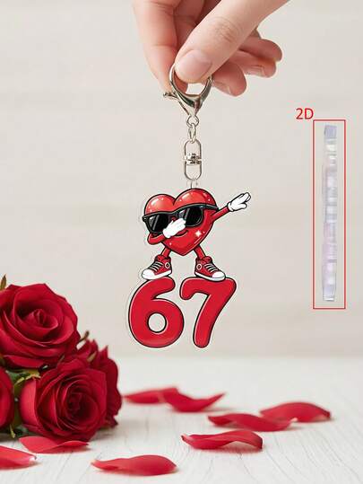 2D 平面心形数字 67 图案钥匙扣，采用趣味卡通设计，兼容背包、钱包 - 可爱风格钥匙圈，可用于挂包和车钥匙，无需电池，功能性汽车配件，女士钱包和手机配件，派对配饰，纪念品，赠送朋友、家人、女朋友，情人节礼物，2D 平面