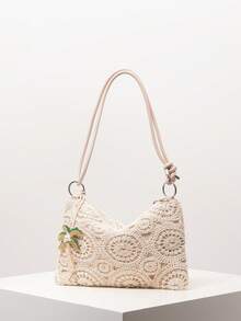 Túi đeo vai họa tiết hoa nhí, Túi xách nữ, Phong cách Bohemian, Túi đi biển mùa hè, Vật dụng cần thiết khi đi du lịch, Vật dụng cần thiết khi đi du thuyền, Trang phục nghỉ mát cho nữ, Bộ móc len, Ví nữ thanh lịch, Quà tặng cho nữ (Họa tiết ngẫu nhiên) - Màu be - Xem 2