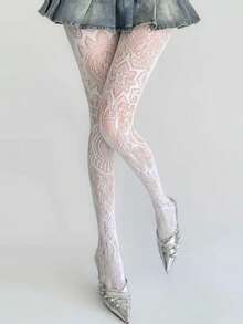 1pc Spring/Summer Japanese Modern Dark Lace Hollow Totem Tights, Gothic Punk Subculture Paired With Boots Design Pantyhose, Retro Y2K Fashionable Design Pantyhose Lolita Leggings/Cos Mature Sexy Fishnet Stockings/Unique Minimalist Sexy - Multicolor - View 11