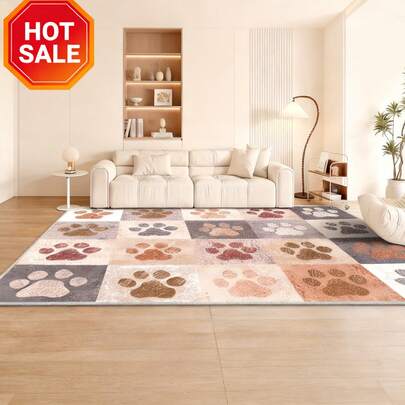 1pc Multi-Color Patchwork Modern Animal Paw Print Plush Rug - Rectangular Patchwork Rug With Pet-Friendly Design - Fashionable Casual Rug For Living Room & Bedroom - Soft Comfortable Non-Slip - Multiple Sizes