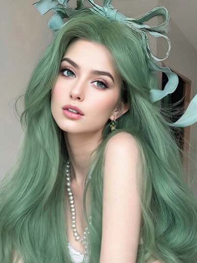 Peluca larga y rizada de 24 pulgadas de color verde menta bosque, adecuada para mujeres, con una elegante raya central y grandes ondas, excelente para cosplay