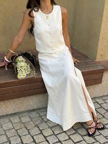 Unadoll Women's Summer Buttoned Blouse And High Slit Skirt Set, Gentle And Elegant Style, Suitable For Dates, Valentine's Day, Outings, Birthdays, Vacations And Birthday Outfits - White - View 7