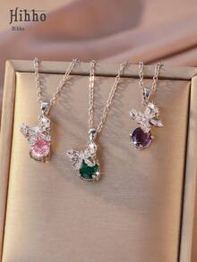 Hihho 1件不对称银色蝴蝶项链，散发空灵奢华气息，可选粉色/绿色/紫色宝石，光泽柔和，轻盈佩戴，适合日常、约会、轻度社交场合、节日礼物。 - 蝴蝶型 - 查看 2