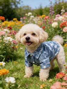Gentleman Casual Bow Tie Stylish & Cute Multi-Color Denim Print Shirt For Small Dogs, Suitable For All Seasons, Anti-Shedding, Ideal For Cats, Pug, Pomeranian, Party & Holiday Outfit - Blue and White - View 5