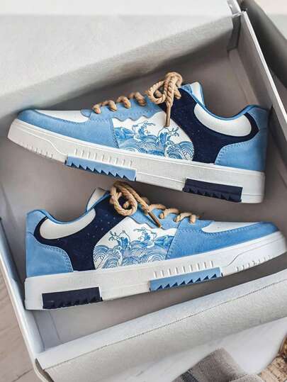 Zapatillas deportivas transpirables para hombre, Nuevas zapatillas deportivas para hombre, diseño estampado, zapatillas deportivas con cordones, zapatillas deportivas de skate para hombre con diseño patchwork en bloques de color, zapatillas deportivas para hombre, diseño en bloques de color, calzado informal de moda de inspiración retro.
