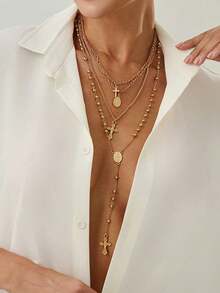 4pcs/Set Fashionable Shiny Cross Pendant Necklace, Hiphop Metal Tag & Snake Chain Beaded Necklace Accessories, Suitable For Party, Gift, And Daily Wear - Gold - View 2