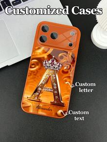 1pc Customizable Text & Letter Design Crown Rhinestone Decor Tempered Glass Phone Case, Compatible With IPhone 17 ProMax/17 Air/15/16 Pro/14 Plus/13 Pro/12 Pro Max/11, UV Printing, Tempered Glass Camera & Back Protection, Large Window Phone Protective Cover, Best Gift For Friends And Family - Orange - View 3
