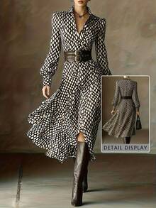 2026 Spring Women's Plaid Dress(No Belt) - V-Neck Lantern Sleeves High-Waist Irregular, French Retro Lady Style Party Gathering A-Line Dress ,Vestidos Elegantes Para Fiesta/Cruise Outfits/Brown Dresses For Women/Rave Outfits For Women/Office Outfits For Women - 黑色 - 查看 6