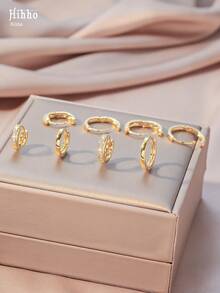Hihho 8pcs Gold Tone Hoop Earrings With Cubic Zirconia, Minimalist Luxury Style Suitable For Daily Commute, Full Ear Stacking, Work Outfit, Light Social Occasions, Holiday Gifts - Earrings - View 5
