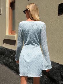 Women's Sweetheart Neckline Mini Dress With Sheer Long Sleeves And Fitted Silhouette For Day Date, Vacation Getaway, Weekend Brunch, Casual Going Out, Beach Vacation And Romantic Evening, Plain Spring Summer Outfits - Blue - View 2