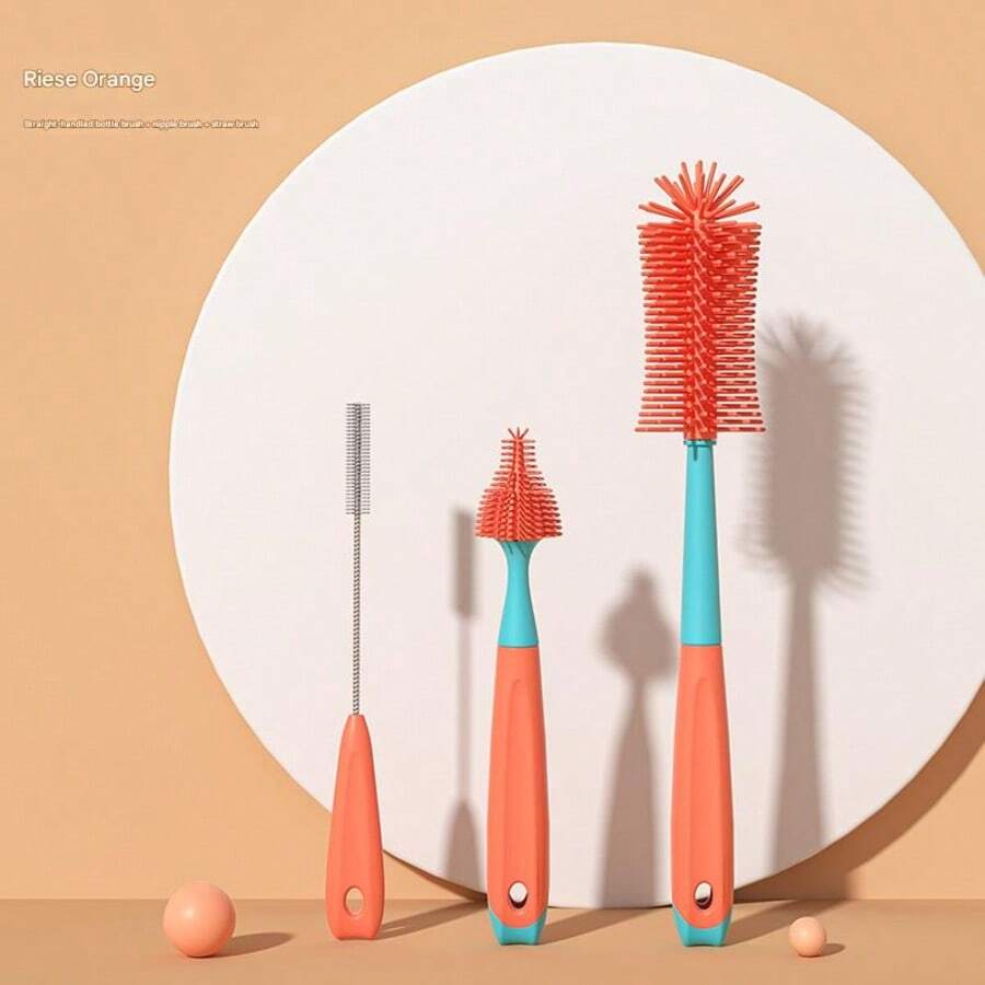 1 套 [3 件装] 婴儿硅胶奶瓶刷、安抚奶嘴刷、吸管清洁工具、奶瓶口刷，6 合 1 套装 - 亮橙色 - 查看 1