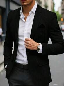 Men's Suit Jacket | One Button, Solid Color And Casual Style - Black - View 7