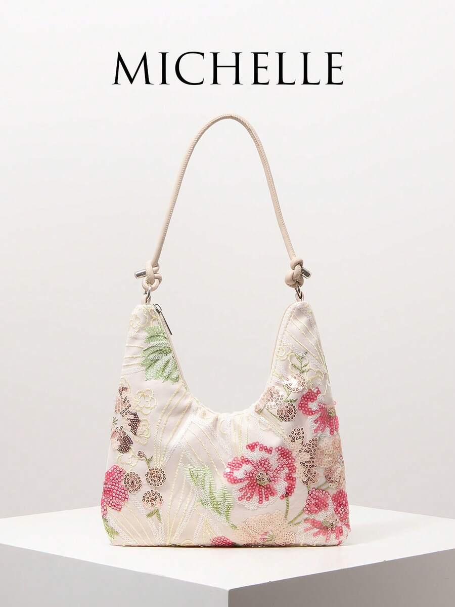 Glitter Embroidered Floral Ladies Shoulder Bag, Elegant Ladies Handbag Suitable For Evening Party, Wedding, Ladies Gift (Pattern Random) - Multicolor - View 1