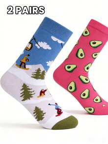 2 Pairs Funny Skiing Scene & Avocado Pattern Mid-Calf Socks, Unisex Couple Socks - Multicolor - View 2