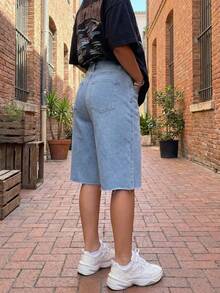 Summer Casual Belted Distressed Wide Leg Denim Shorts - Blue - View 5