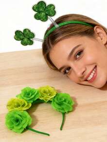 1pc Clover Rose Party ABS Plastic Cute 3D Flower Headband, St. Patrick's Day Green Headpiece - Multicolor - View 3