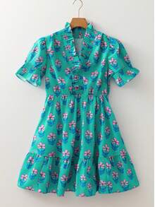 Acelitt 女士休闲绿色碎花高腰褶皱迷你连衣裙，夏季 - 綠色 - 查看 3