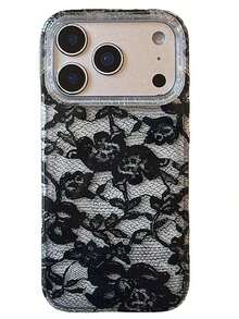 Elegant Romantic Lace Floral Print Glitter Transparent Soft Phone Case, Compatible With IPhone 17 Pro Max, 17 Pro, 17, 16 Pro Max, 16 Pro, 16, 15 Pro Max, 15 Pro, 15, 14 Pro Max, 14 Pro, 14, 13 Pro Max, 13 Pro, 13, 12 Pro Max, 12 Pro, 12, 11, Creative Fashion Transparent Soft Shell, Glossy Jelly Material, Shock-Proof Protective Cover - 黑色蕾絲 - 查看 4