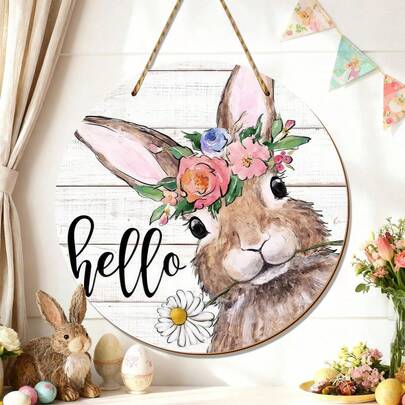 1 pieza Decoraciones de Pascua Hola Verano Letrero de Conejo de Pascua para decoración de puerta delantera, Colgador de puerta de madera con flores de margarita para exterior, decoración rústica de granja de primavera corona de madera para colgar en la pared interior