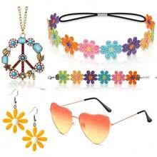 Set de 5 piezas de accesorios con estilo hippie, collar con símbolo de la paz, aretes con margaritas, diadema con flores, gafas de moda, collar y pulsera con rhinestones, regalo para festival o fiesta - Azul - Ver 40