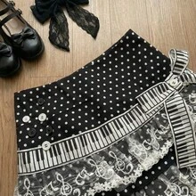 Gothic Japanese Hot Girl Slim Polka Dot Note Skirt Women Design Y2k Lace Bow A-Line Cake Piano Skirts Vintage Embroidery Skirt - 黑色 - 查看 2