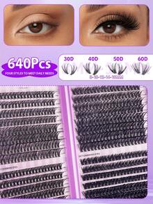 640片装高容量睫毛嫁接套装 - DIY睫毛嫁接，包含30D+40D+50D+60D/50D+60D+80D+100D睫毛簇，D卷度单根仿貂毛假睫毛，8-16mm混合长度睫毛簇，睫毛簇，单根假睫毛，睫毛，假睫毛 - D - 查看 4