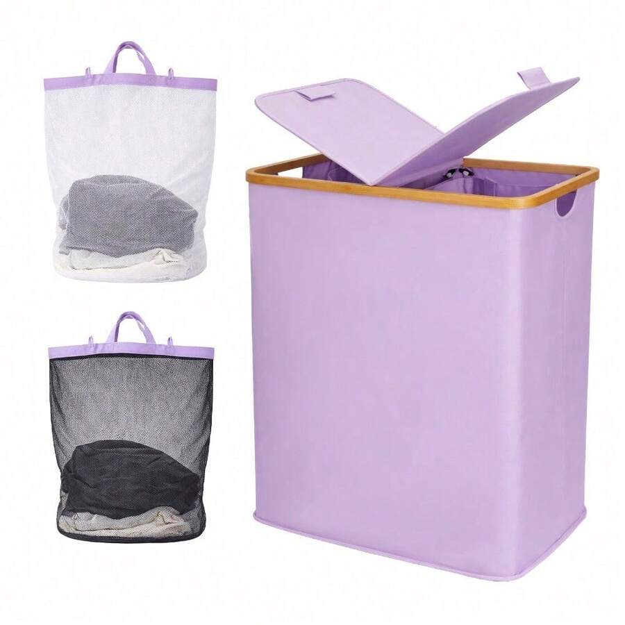 140L Laundry Hamper With Lid And 2 Removable Liners Large Capacity For Dirty Clothes Storage In Bedroom Bathroom - Purple - View 1