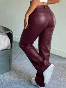 Women's High Waist Glossy PU Leather Wide Leg Pants, Matte Coating, Fashion Versatile, Suitable For Party, Commute, Music Festival, Vacation, Casual Straight Leg Pants, Spring/Summer Essential, Bestseller, Y2K Style, Suitable For Party, Commute, Holiday, Festival, Outdoor Activities, Spring/Summer Wear, Suitable For Tall Women, Outerwear, Black, Trousers - Burgundy - 1 - View 6