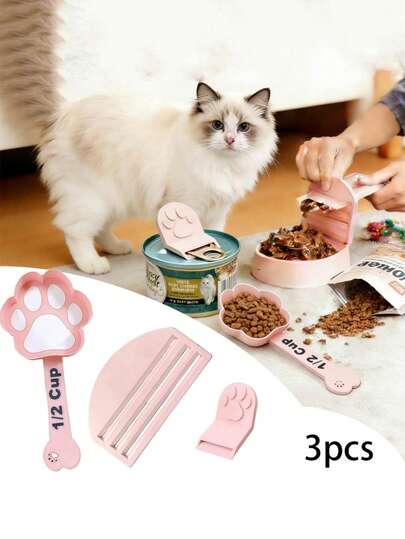 3pcs/Set Cat Food Scoop | Featuring A Squeeze Mechanism With Portable Can Opener And Paw Print Design, Easy To Clean, Keeps Nails Neat And - Ideal For Cat Lovers And Manicure Enthusiasts, Made Of PP Material
