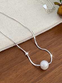 1pc S925 Sterling Silver Minimalist Round Pearl Necklace, Women's Elegant Lightweight Luxury Beaded Snake Chain Gift - Pearl - View 2