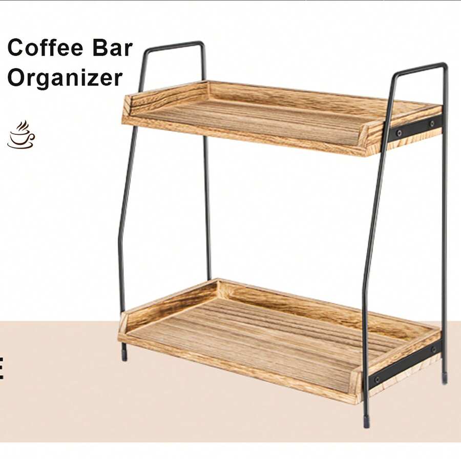 Huini 2-Tier Solid Wood Coffee Bar Organizer Shelf – Coffe Condiment Storage, Rustic Countertop Storage Rack With Black Metal Frame, Easy Assembly & Scratch-Resistant Feet – 38x19x37.5cm For Kitchen, Vanity, Office Or Balcony