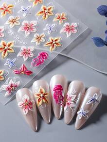 2pcs/Set Summer Ocean Style 5D Embossed Hibiscus Stickers, Shell & Jellyfish Pattern Self-Adhesive Nail Art Decorations, Women Manicure Supplies - Multicolor - View 8
