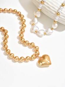2件套波西米亚风夸张大珠心形吊坠项链，奢华时尚女士度假派对百搭心形吊坠颈链 - 多色 - 查看 4