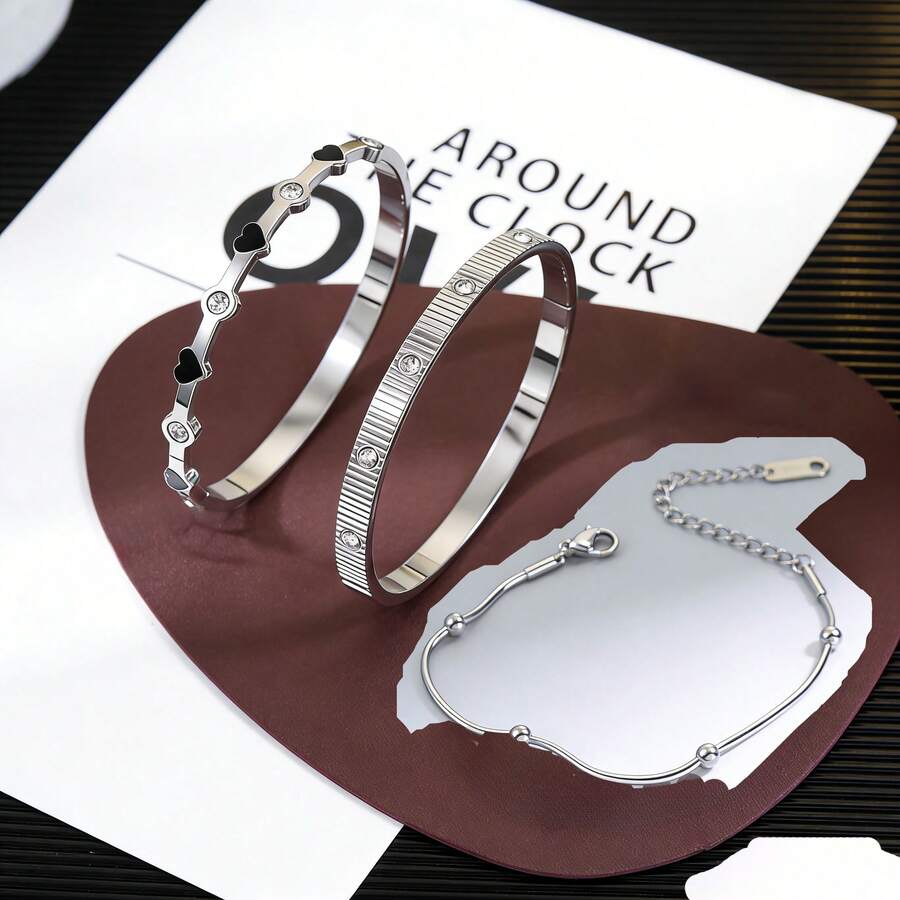 Luxury Stainless Steel Rhinestone Bracelet, Heart & Stripe Layered Chain Bracelet Set - Multicolor - View 1