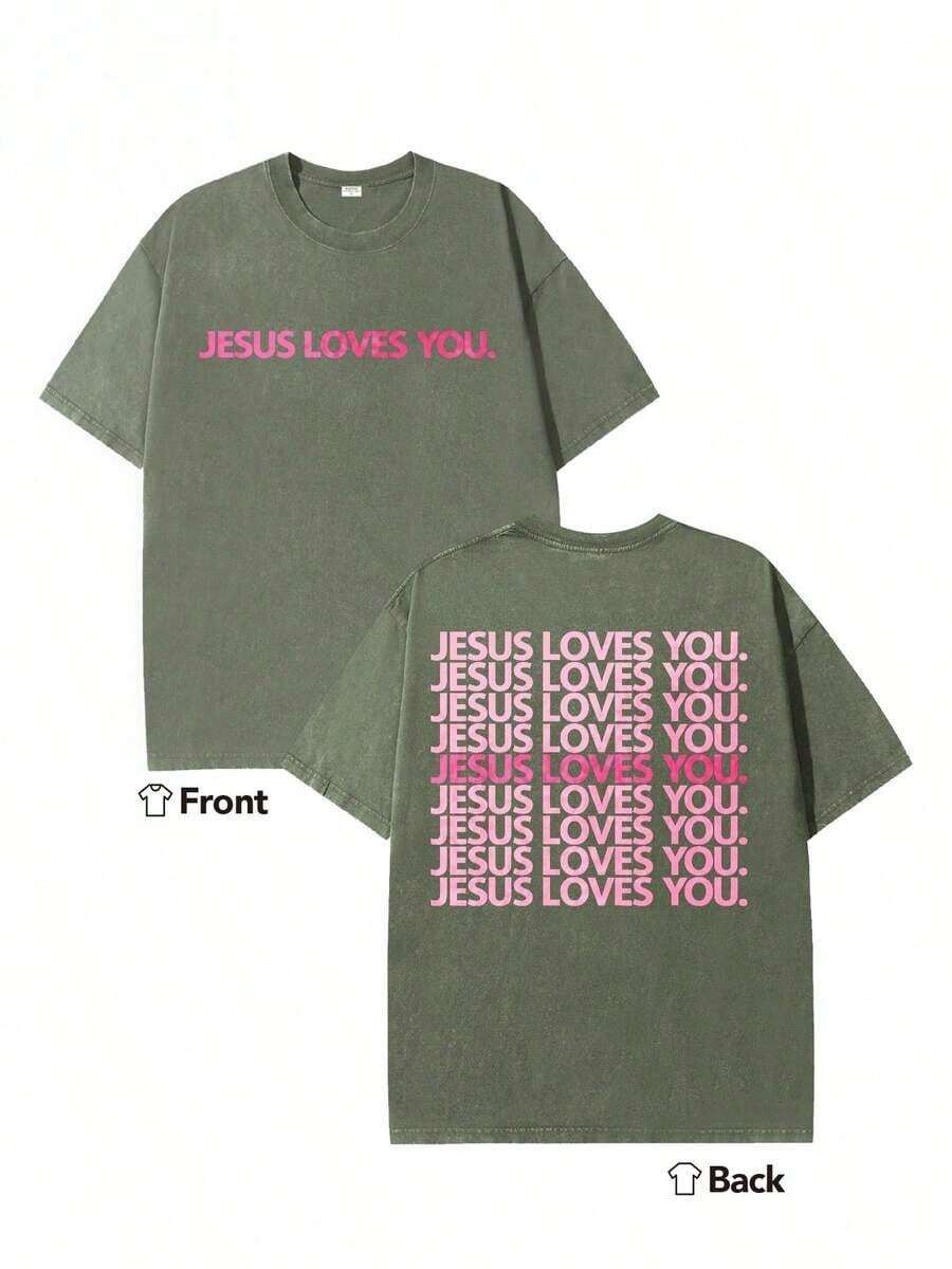 Summer Tops2026Heavyweight Washed T-Shirt - Jesus Loves You Religious Graphic T-Shirt, Pink-Green Background With Pink Letter Double-Sided Print - Christian Attire, Crew Neck Top, Suitable For Church, Casual Wear, Or As A Giftsummer Clothes - 綠色 - 查看 1