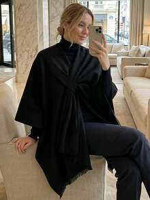 1pc Minimalist Solid Color Faux Cashmere Fringe Design Warm Shawl, Women Casual Soft Outerwear Accessory, Suitable For Autumn/Winter, Daily Wear, Commute, Office, Holiday Gift - Black - View 11