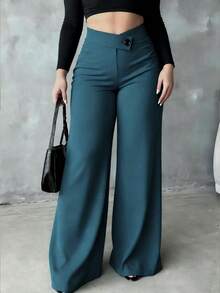 大码女式纯色休闲优雅直筒裤，适合日常穿着、办公室通勤、约会、度假、派对等场合。 - 水鴨藍 - 查看 2