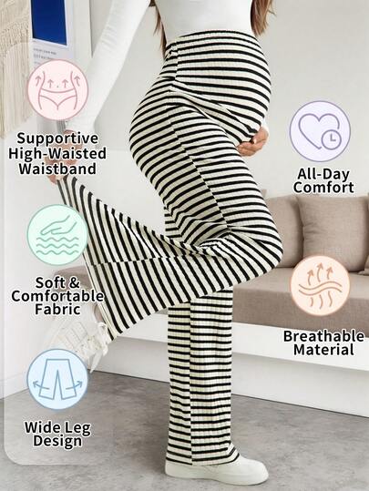Umstandsmode Große Größen Schwarz & Weiß gestreifte Strick-Hose mit hoher Taille und weitem Bein, hoher Bund mit Bauchunterstützung, bequem und atmungsaktiv, geeignet für Lässig- und Büromode